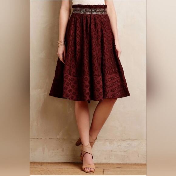 Anthropologie Maeve Diamond Cut Midi Full Skirt Size 2 Embroidered Waist Brown - Picture 2 of 12
